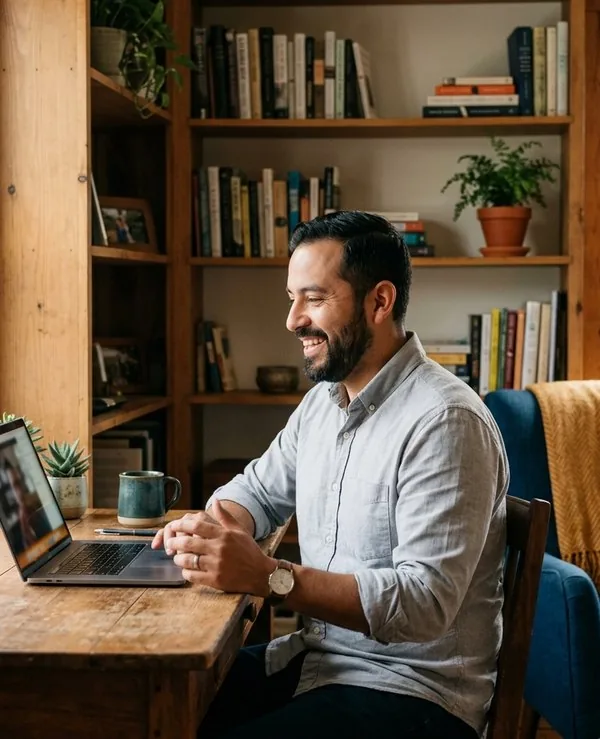 A remote team member laughing during a video call at his desk