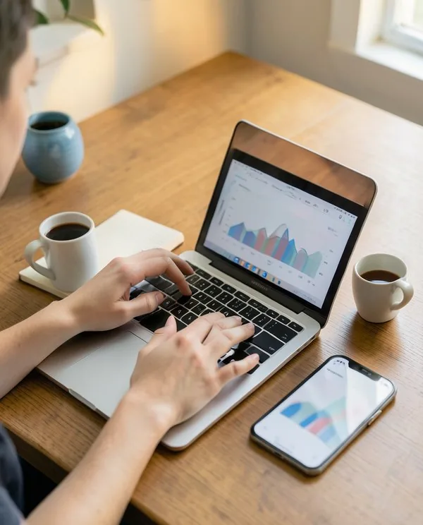 Hands typing on a laptop showing analytics charts, beside a notebook and coffee