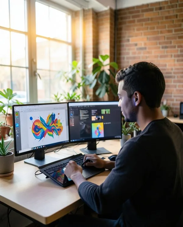 A designer working on colourful artwork across dual monitors in a brick-walled studio
