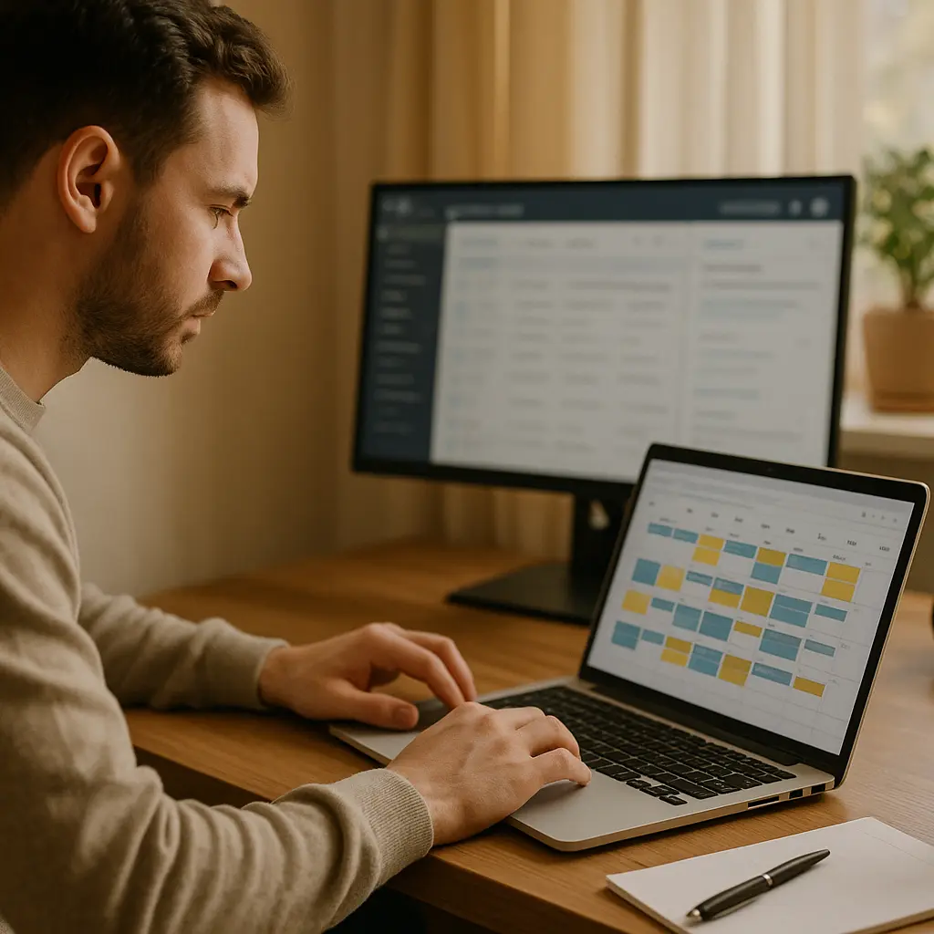 A marketing professional analyzing data on a laptop and external monitor