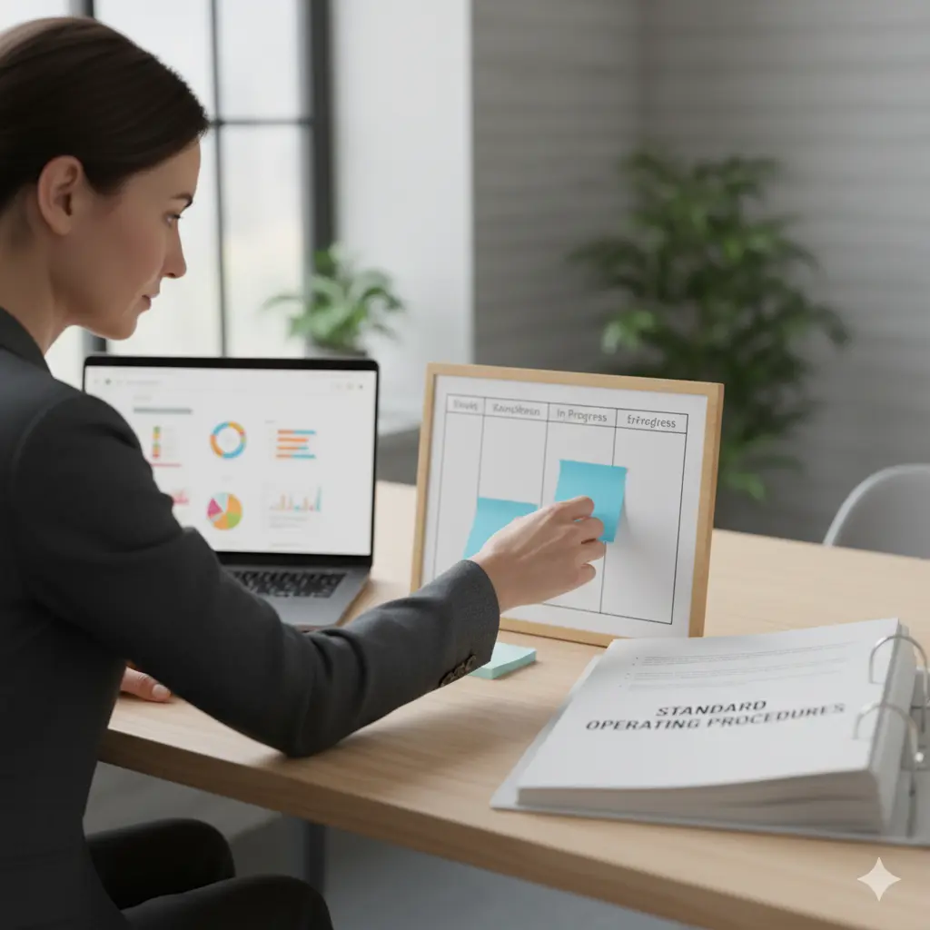 A woman organizing a kanban board with a laptop displaying graphs and an SOP binder