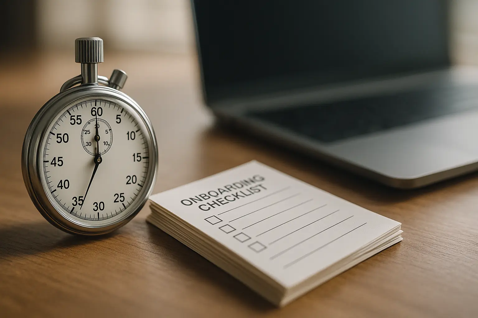 A stopwatch next to an onboarding checklist, emphasizing a fast setup